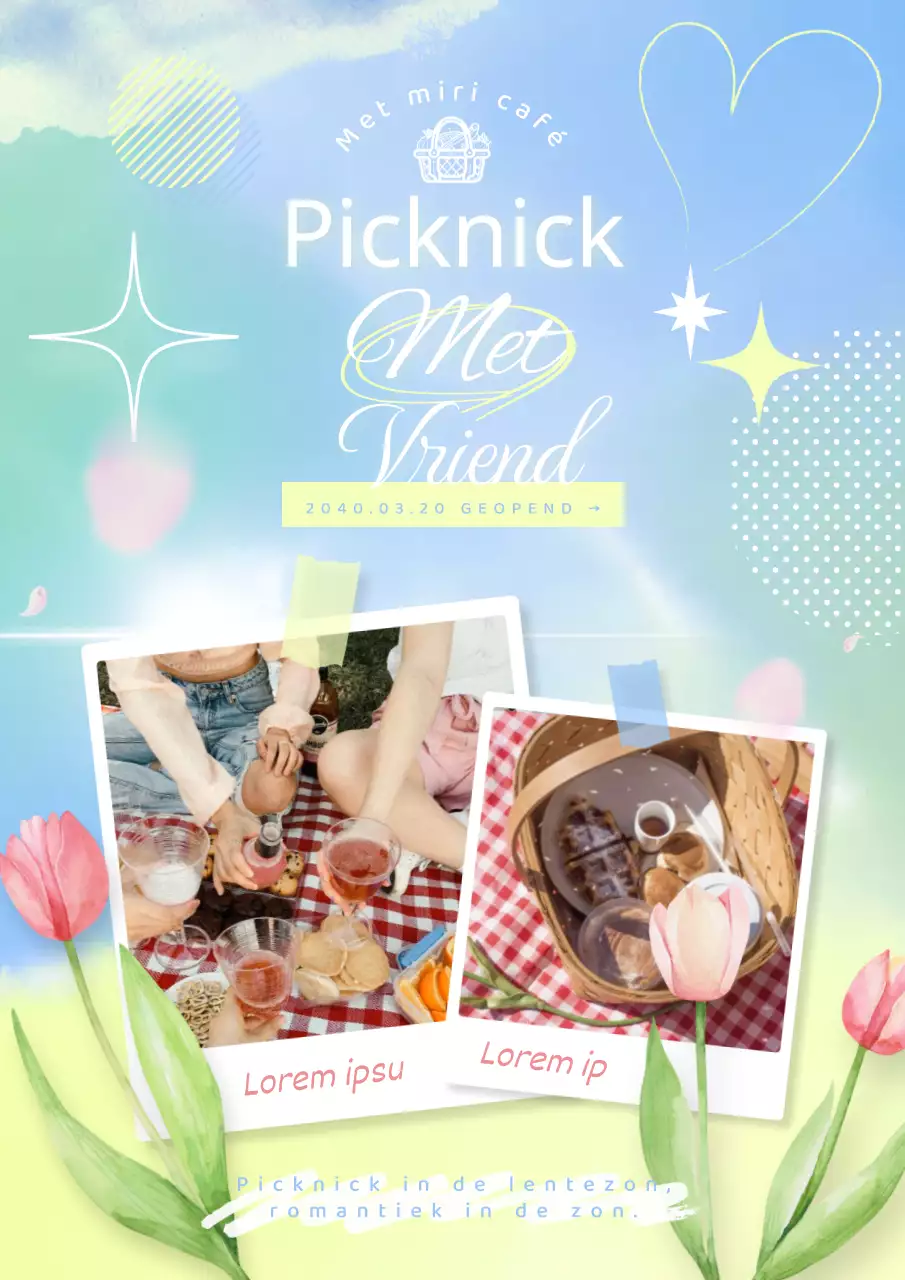 Heldere picknickadvertentie met lentethema in lichtblauwe en gele kleuren