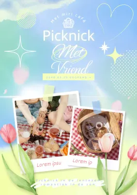 Heldere picknickadvertentie met lentethema in lichtblauwe en gele kleuren