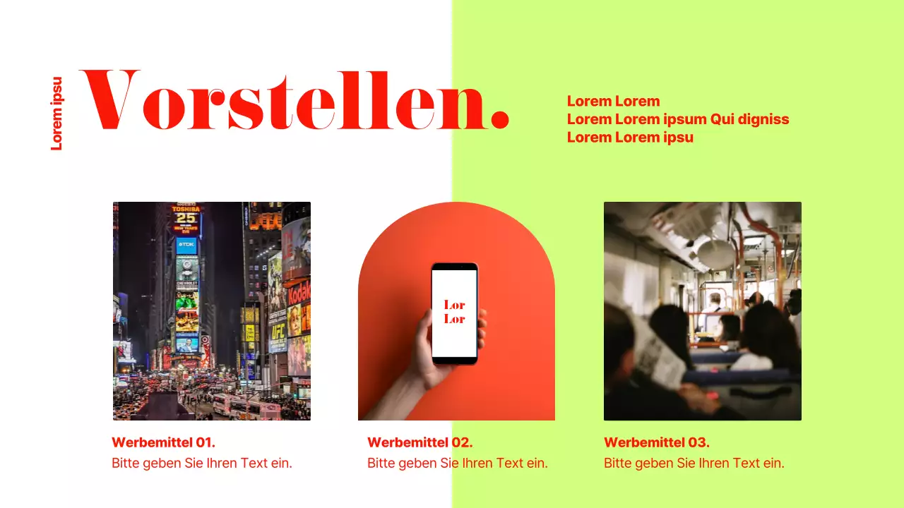 Modern gestaltete Geschäftsanzeige in Rot und Chartreuse