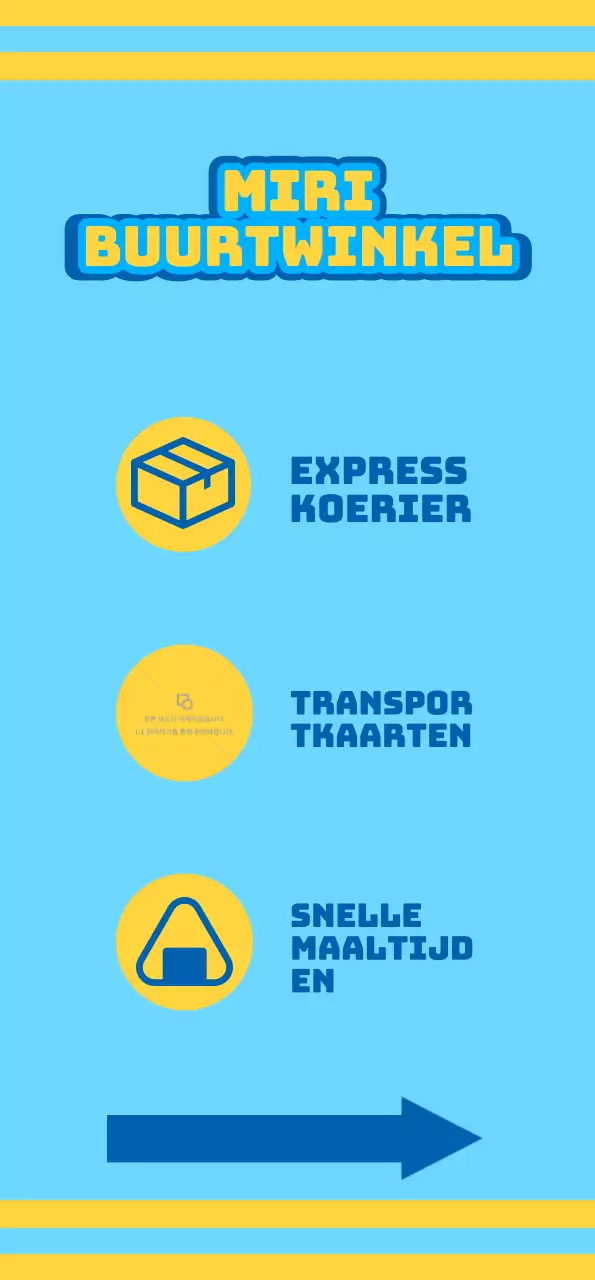 Buurtwinkel met blauwe en gele pictogrammen die verschillende diensten promoten