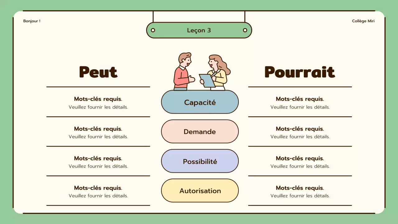 Cours d'anglais mettant en valeur des illustrations mignonnes dans les tons beige et vert