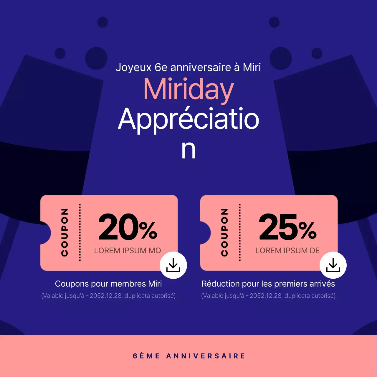 Un coupon de réduction "Happy Anniversary" bleu marine et rose