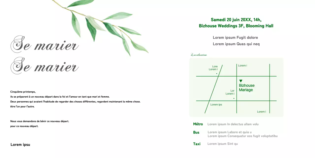 Une invitation de mariage sentimentale avec une ambiance luxuriante et printanière