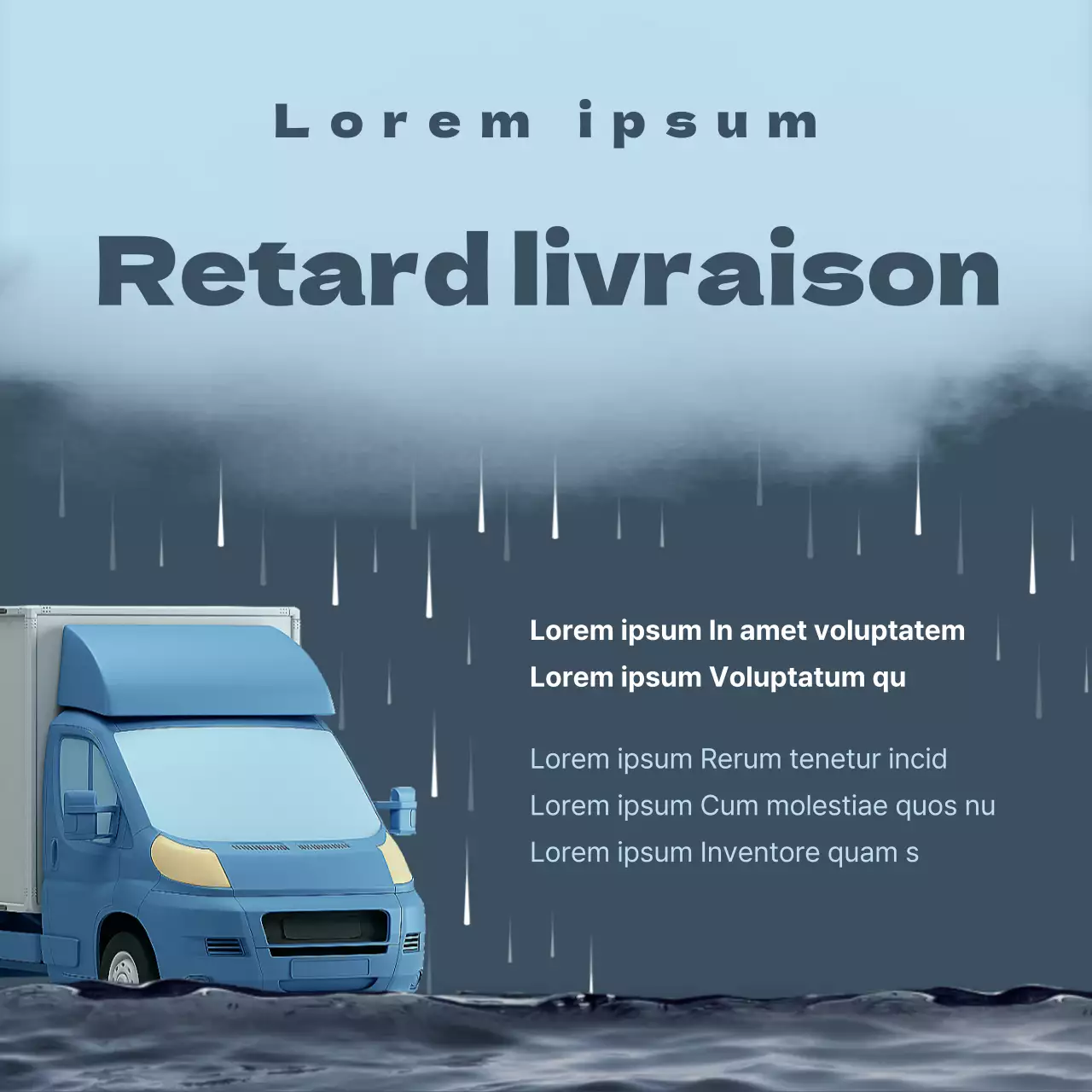 Avis de retard de livraison Illustration 3D d'un concept de camion avec des nuages bleus cendrés et des camions trempés par la pluie.