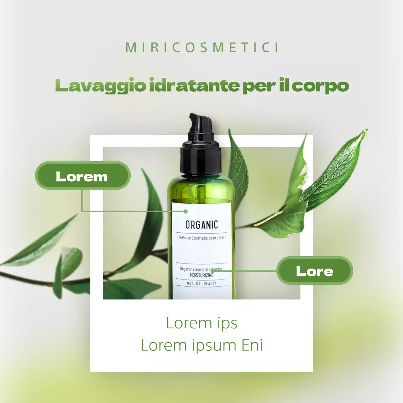 Pubblicità di un cosmetico per il lavaggio estivo del corpo verde e naturale