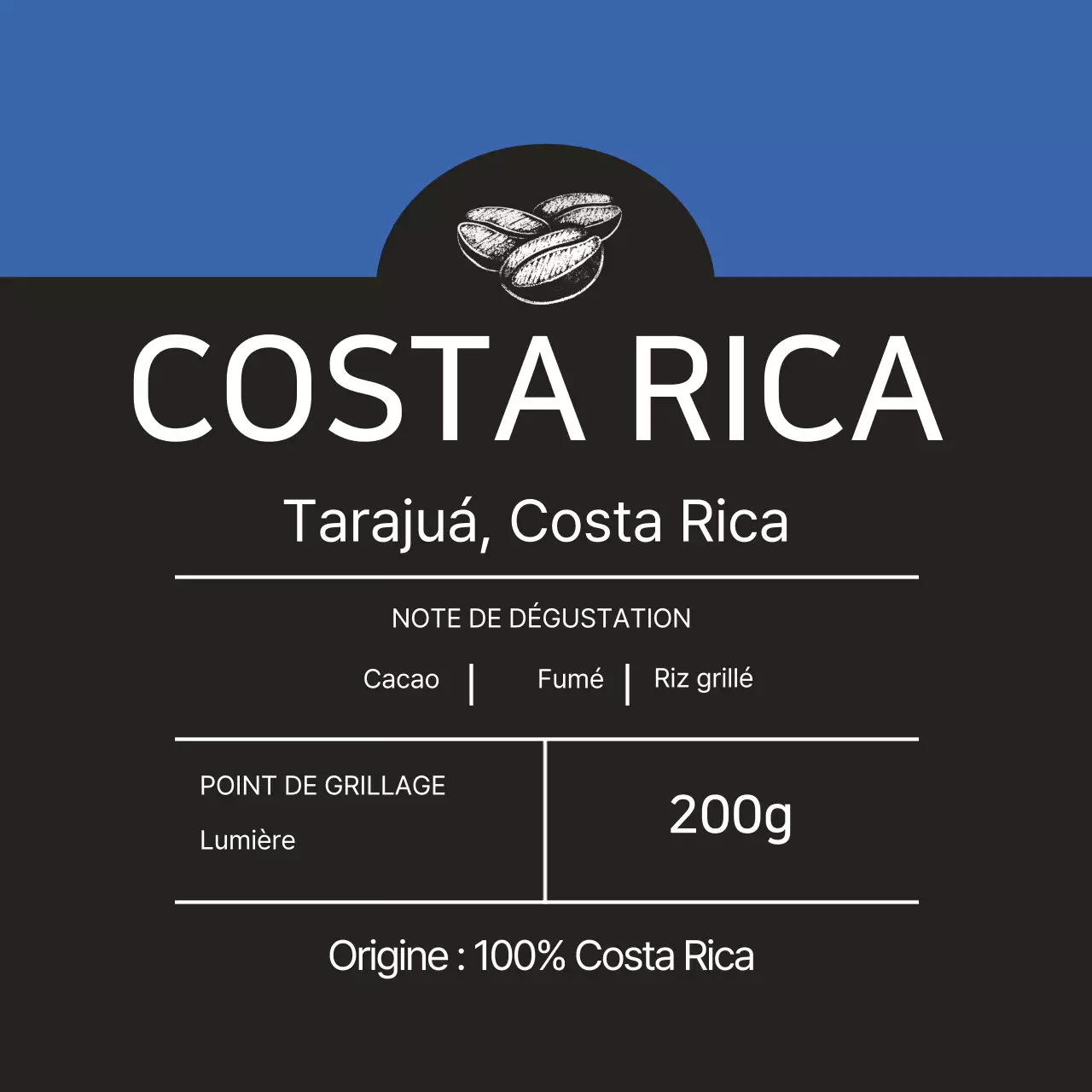 Étiquette bleue illustrée pour les grains de café