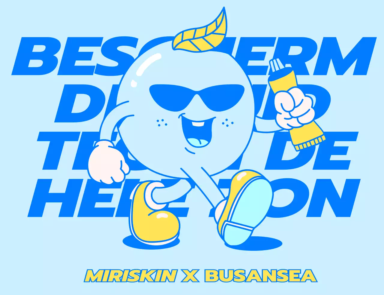 Ontwerp voor pop-up winkelpersoneel van cosmeticabedrijf met blauwe en gele wandelende karakters