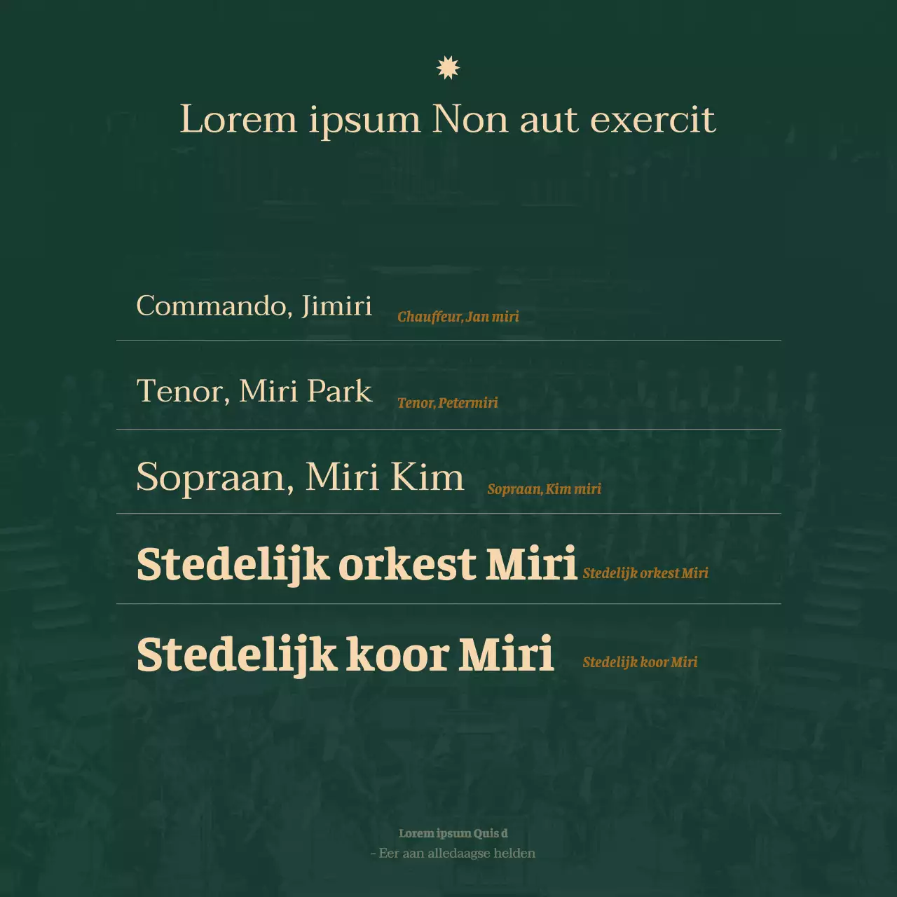 Een strakke aankondiging van een orkestconcert in een schreeflettertype met luxueuze beige en donkergroene tinten