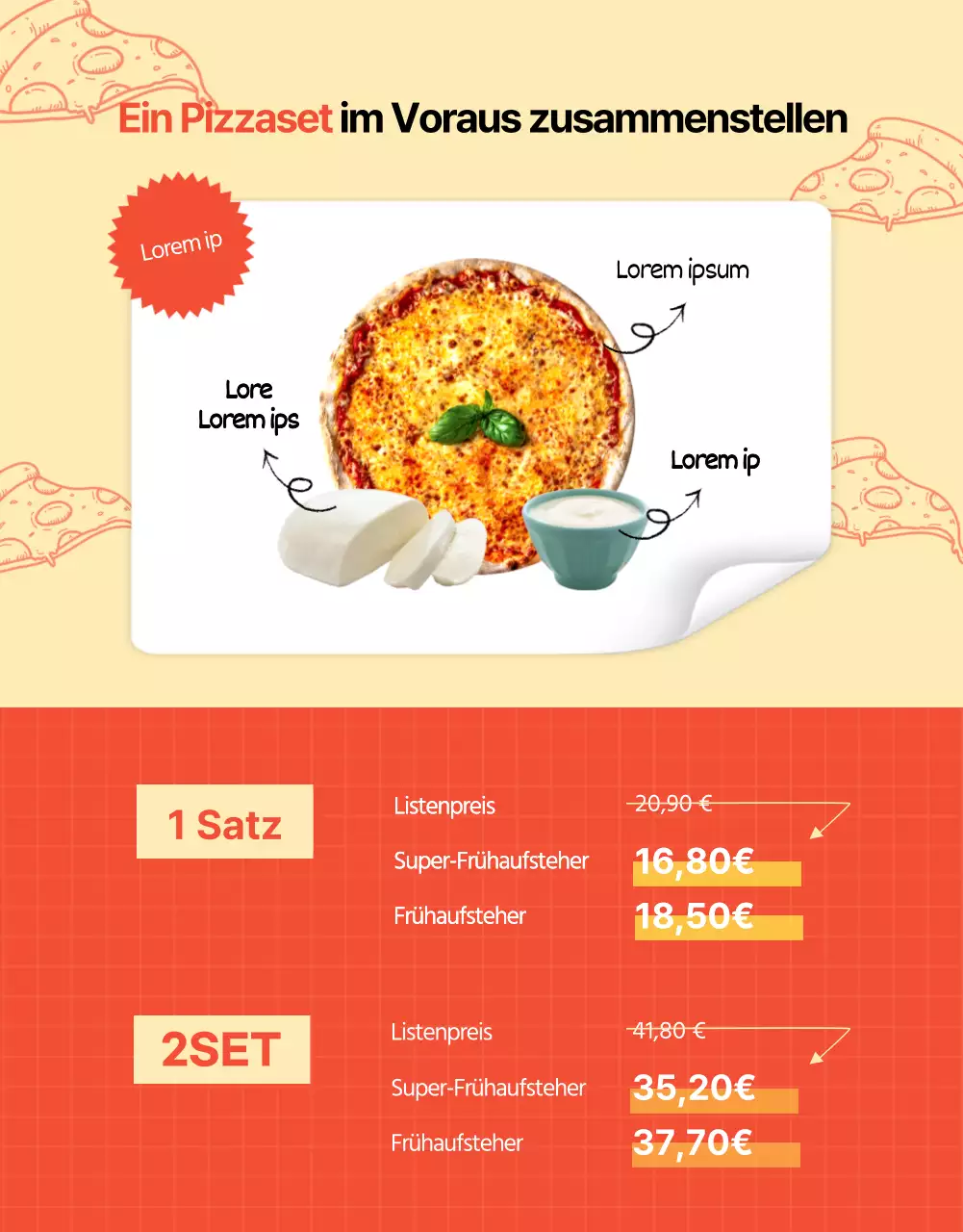 Orangefarbene und ellenbogenfarbene Pizzaförderung Details