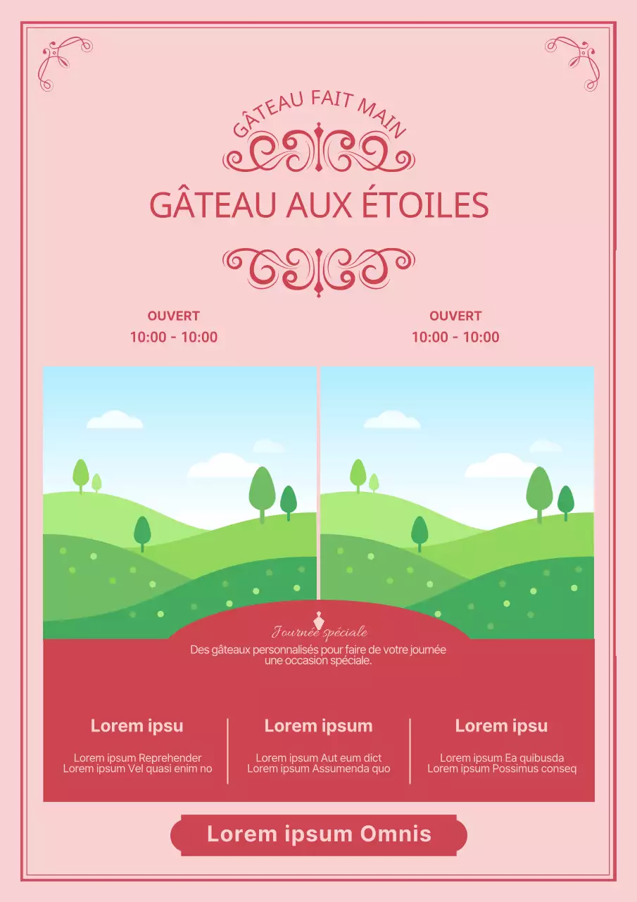 Promouvoir le menu d'une pâtisserie avec des courbes et des lignes luxueuses en rose.