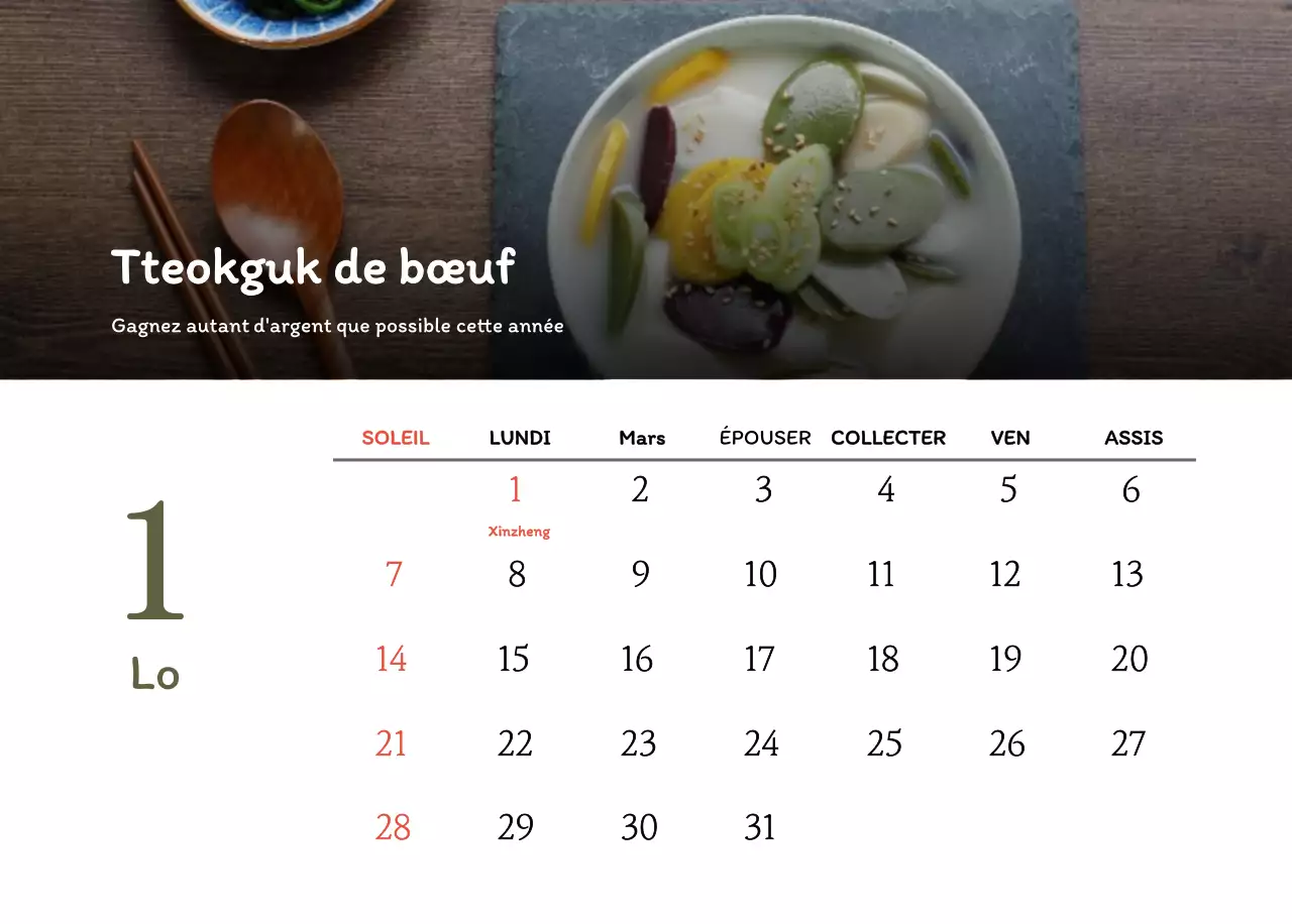 Calendrier des coupons de restaurants coréens traditionnels en beige et marron