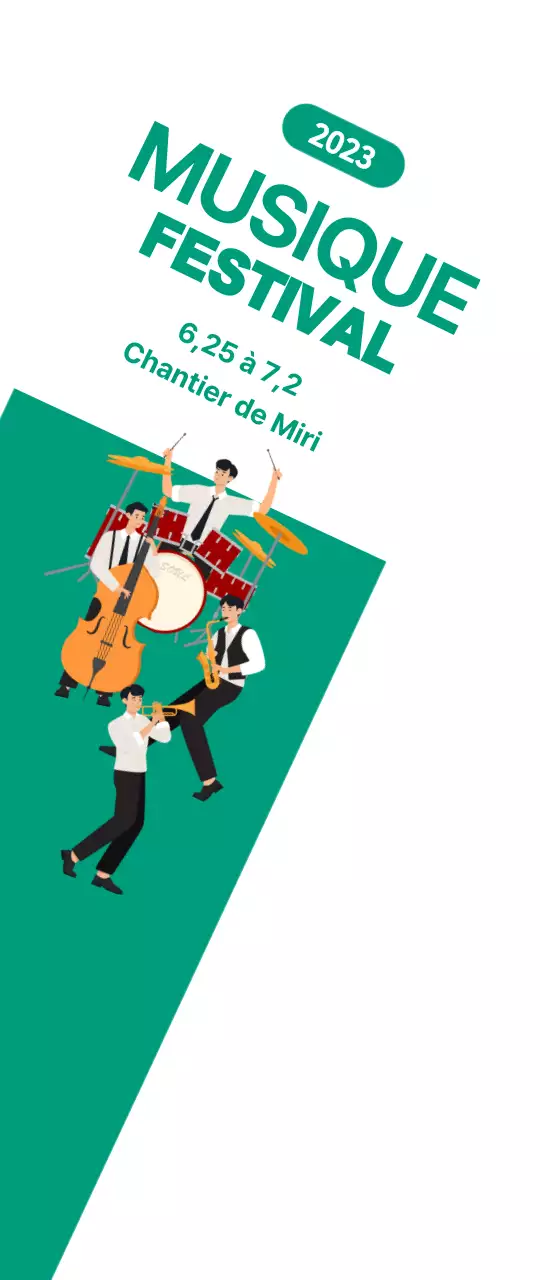 Promotion d'un festival de musique avec un groupe sur fond vert et blanc