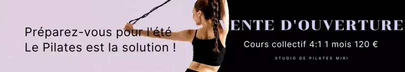 Offrez une réduction sur un cours de Pilates à message avec la photo d'une femme en mauve.