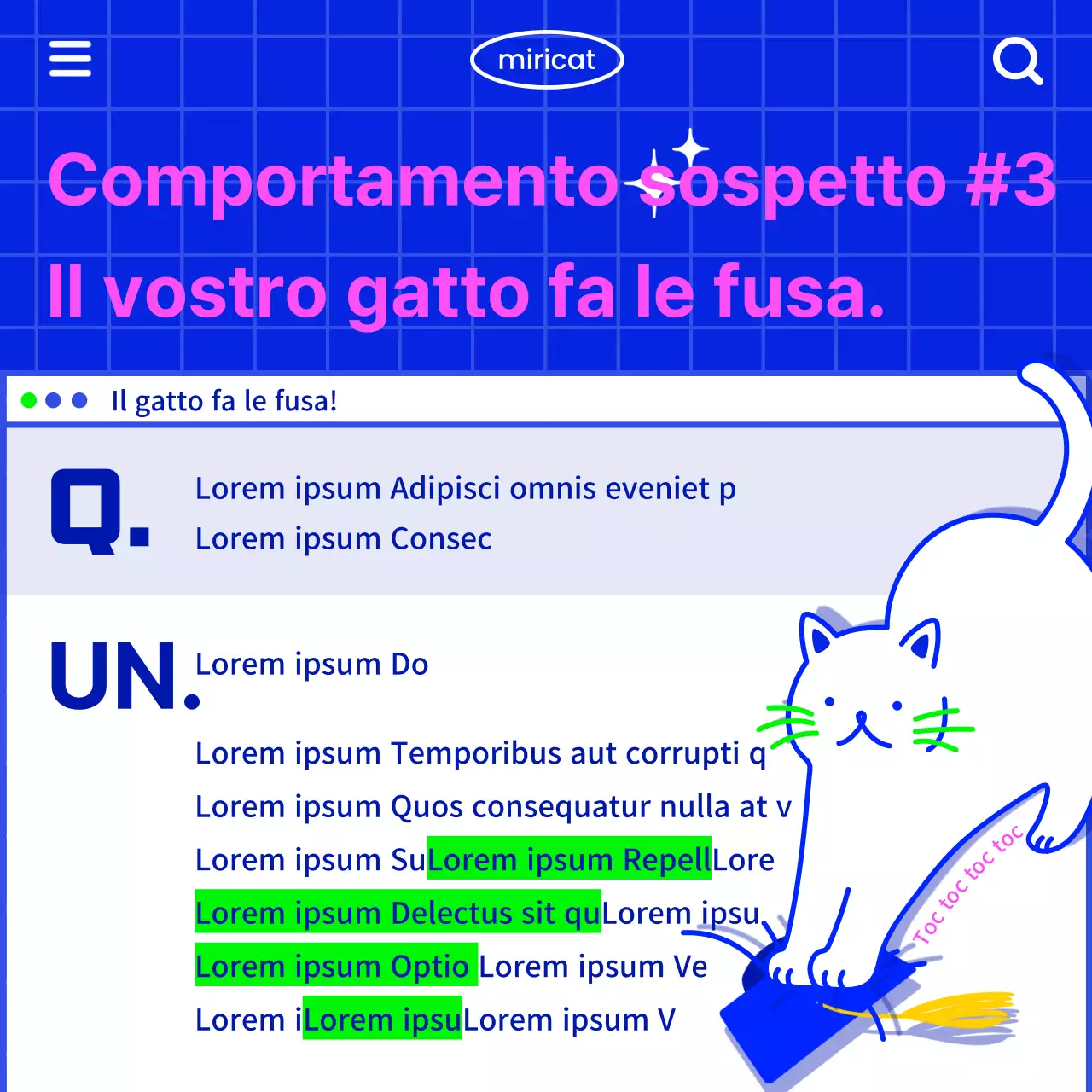 Comunicare informazioni sui gatti con un'atmosfera retrò da internet, con un'illustrazione di gatto bianco su sfondo blu.