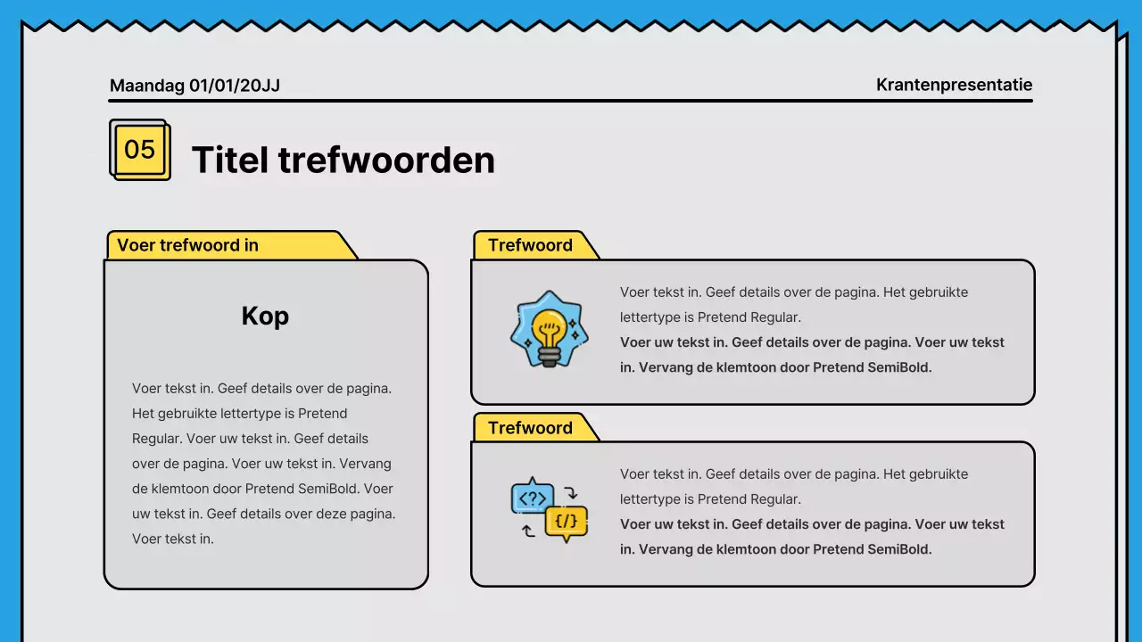 Gedurfde lijnen en aandachttrekkende presentatie in een krantenconcept met gele en lichtblauwe accentkleuren