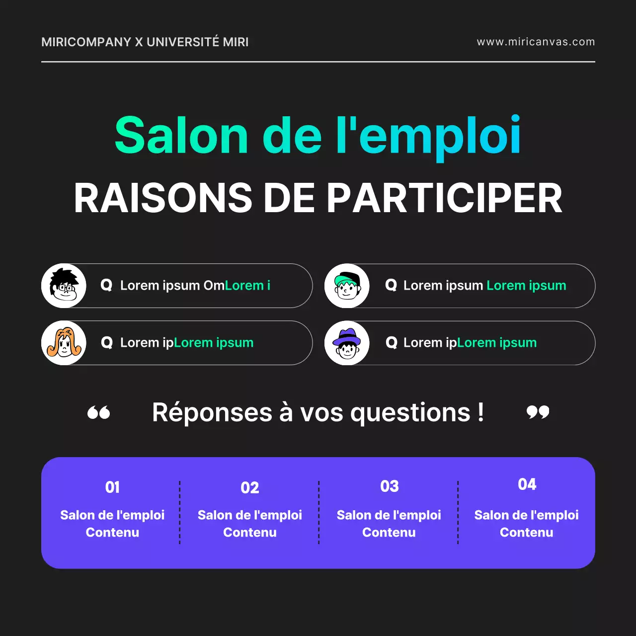 Un salon de l'emploi en ligne pour un développeur informatique, avec une ambiance citadine, des formes géométriques en noir et des couleurs néon.