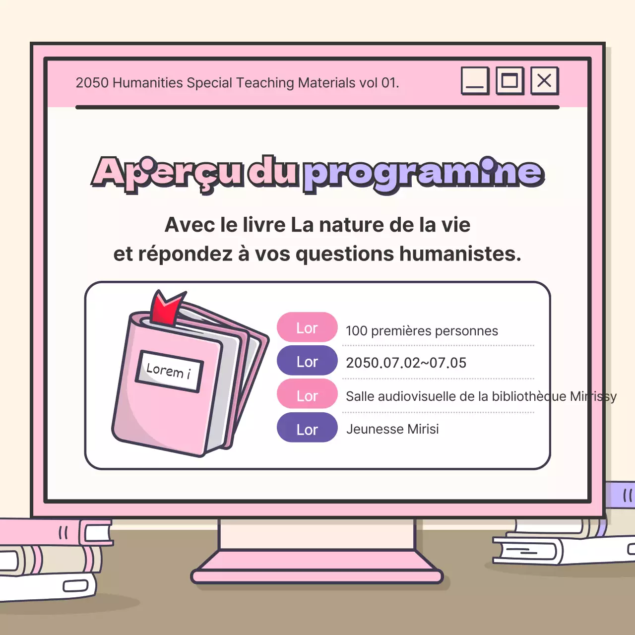 Un joli concept pour un cours de sciences humaines avec des accents roses et violets.