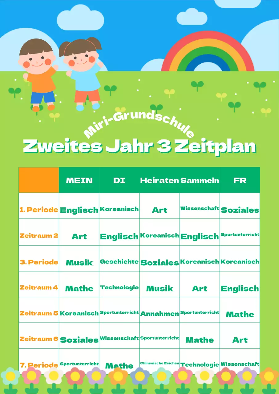 Ein Klassenzimmer in der Grundschule mit einem üppigen lindgrünen Blumenfeld und einem regenbogenfarbenen Hintergrund, akzentuiert mit niedlichen Kinderfiguren.