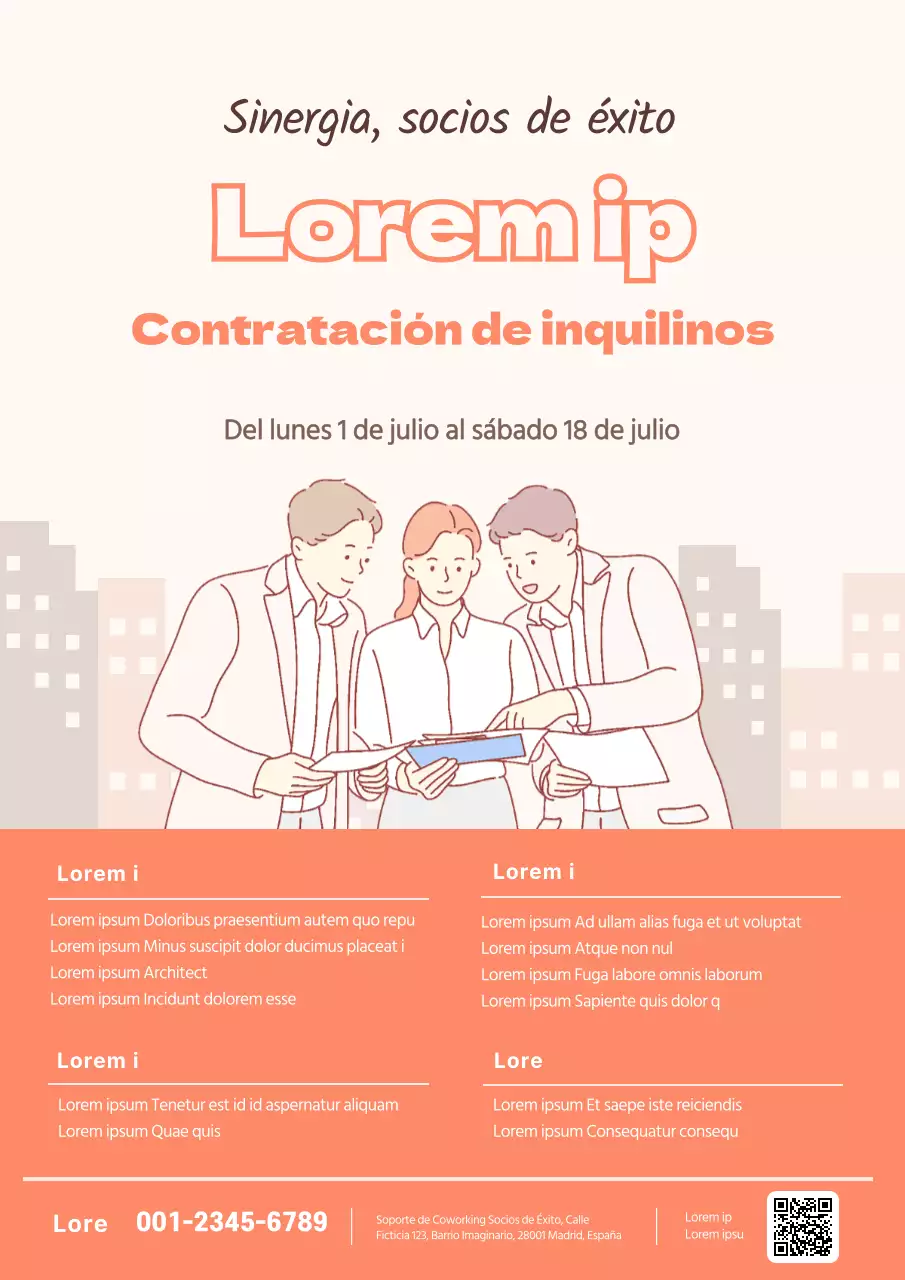 Cartel de contratación de un espacio de coworking en color coral