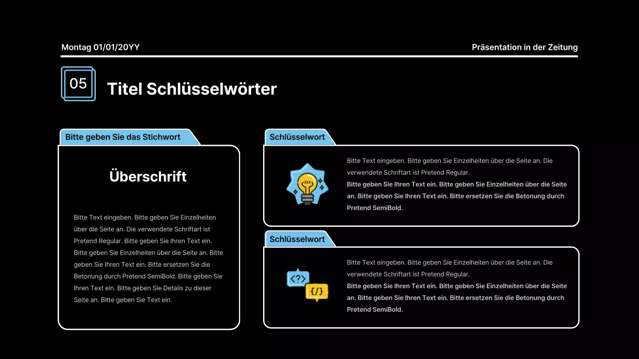 Aufmerksamkeitsstarke Präsentation mit fetten Linien in einem Zeitungskonzept auf schwarzem Hintergrund