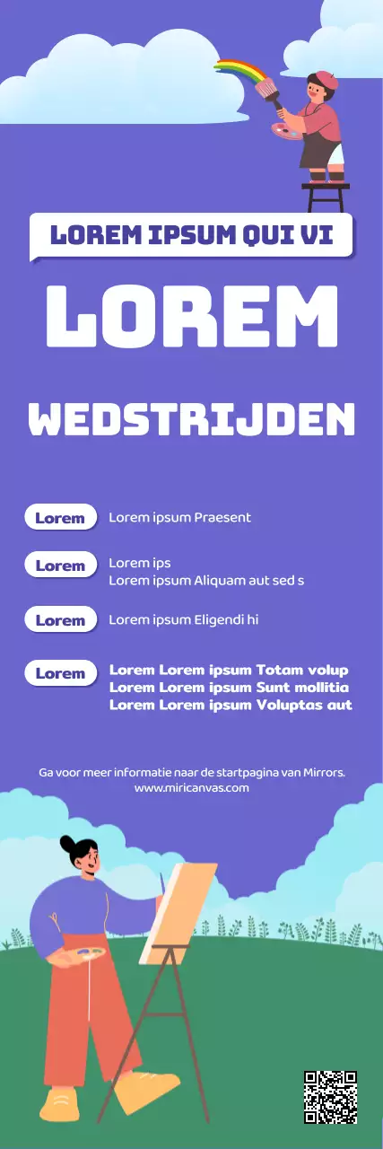 Illustratiewedstrijd met een schilderfiguur die schildert in een cool paarsgroen veld