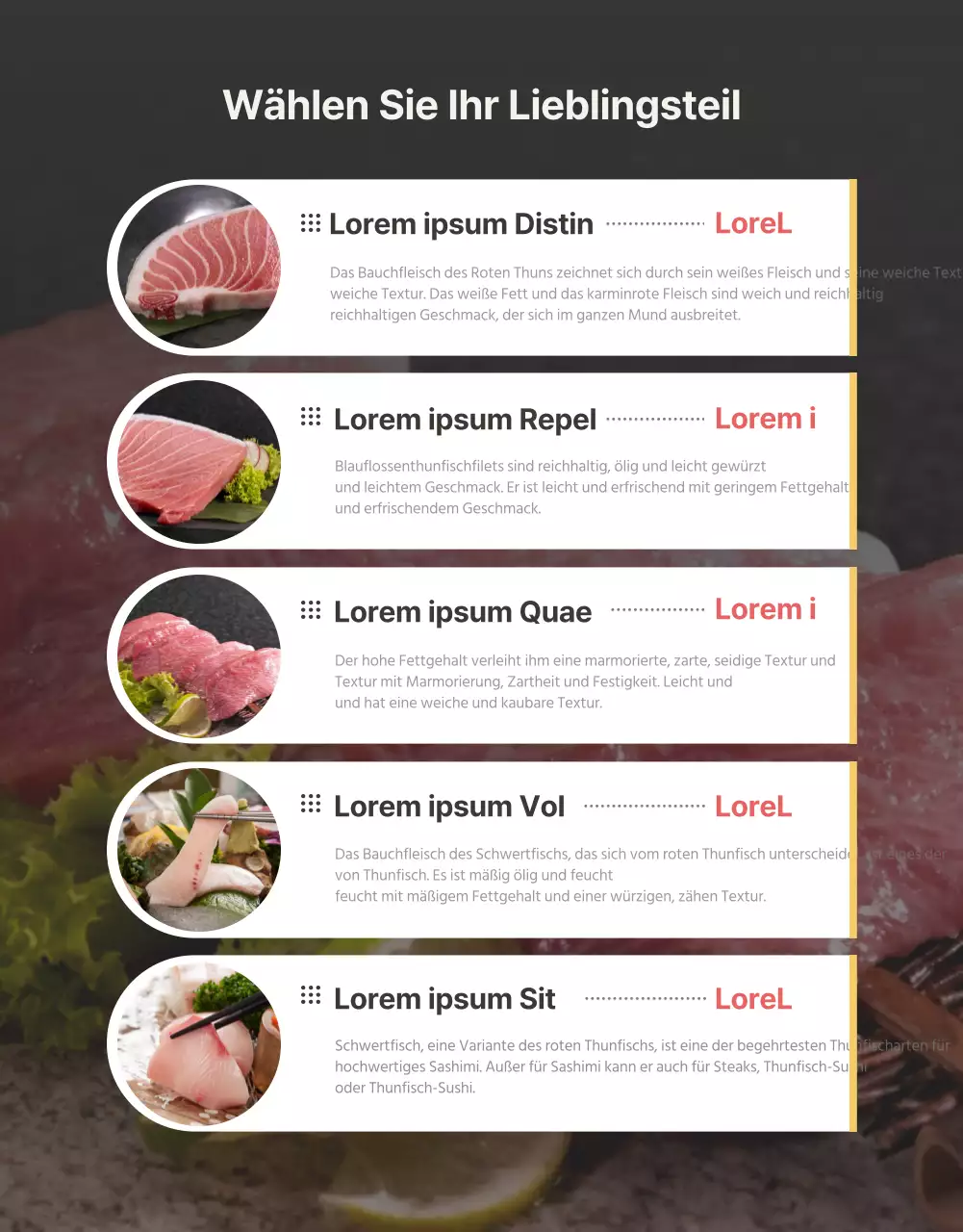 Detailseite für den Verkauf von Premium-Thunfisch in dunklen Farben