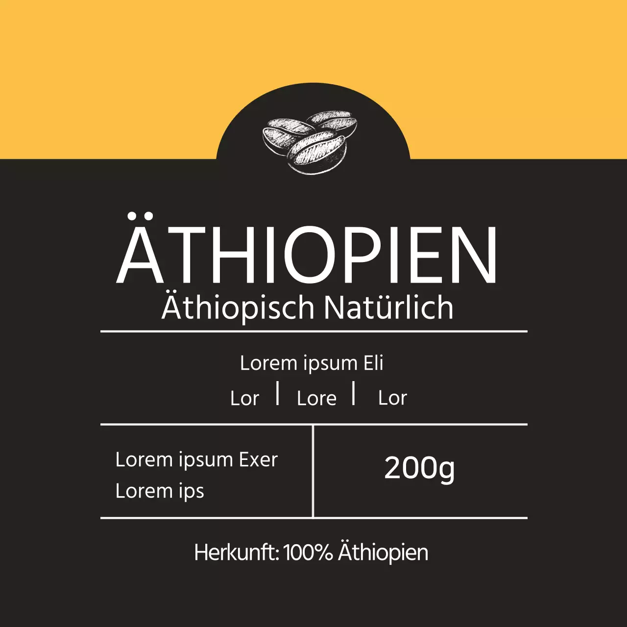 Gelbes illustriertes Etikett für Kaffeebohnen