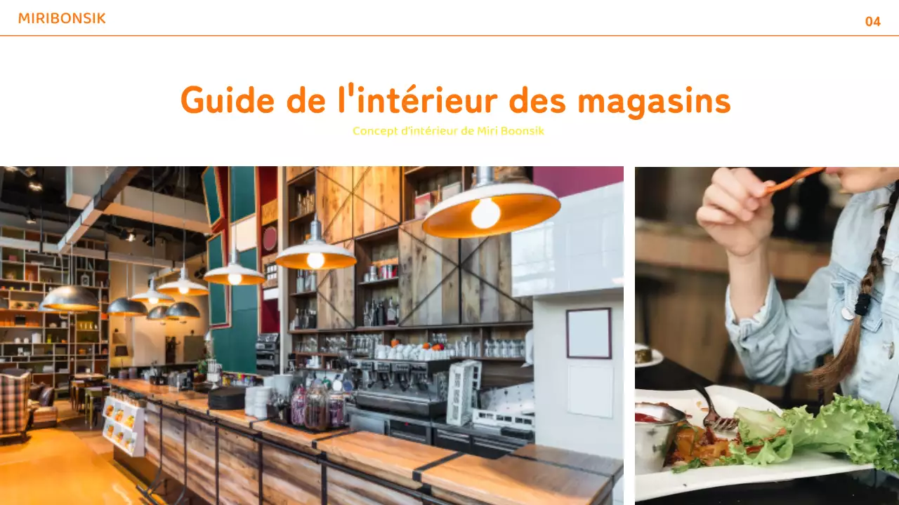 Profil d'une entreprise de restauration avec des accents de couleur orange et jaune et mise en page de photos