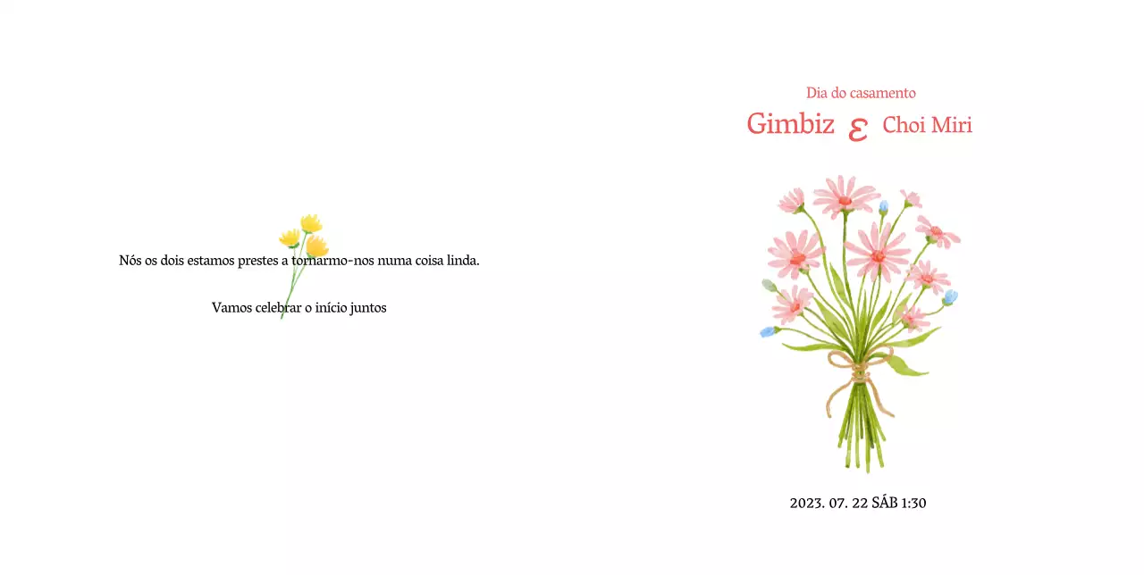 Convite de casamento simples com flores cor-de-rosa sobre um fundo branco