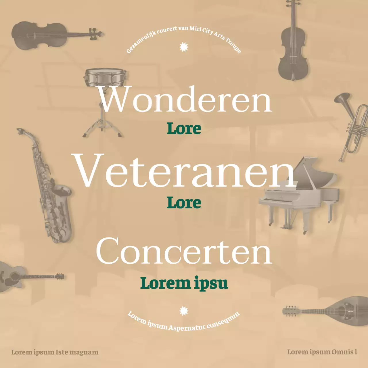 Een strakke aankondiging van een orkestconcert in een schreeflettertype met luxueuze beige en donkergroene tinten