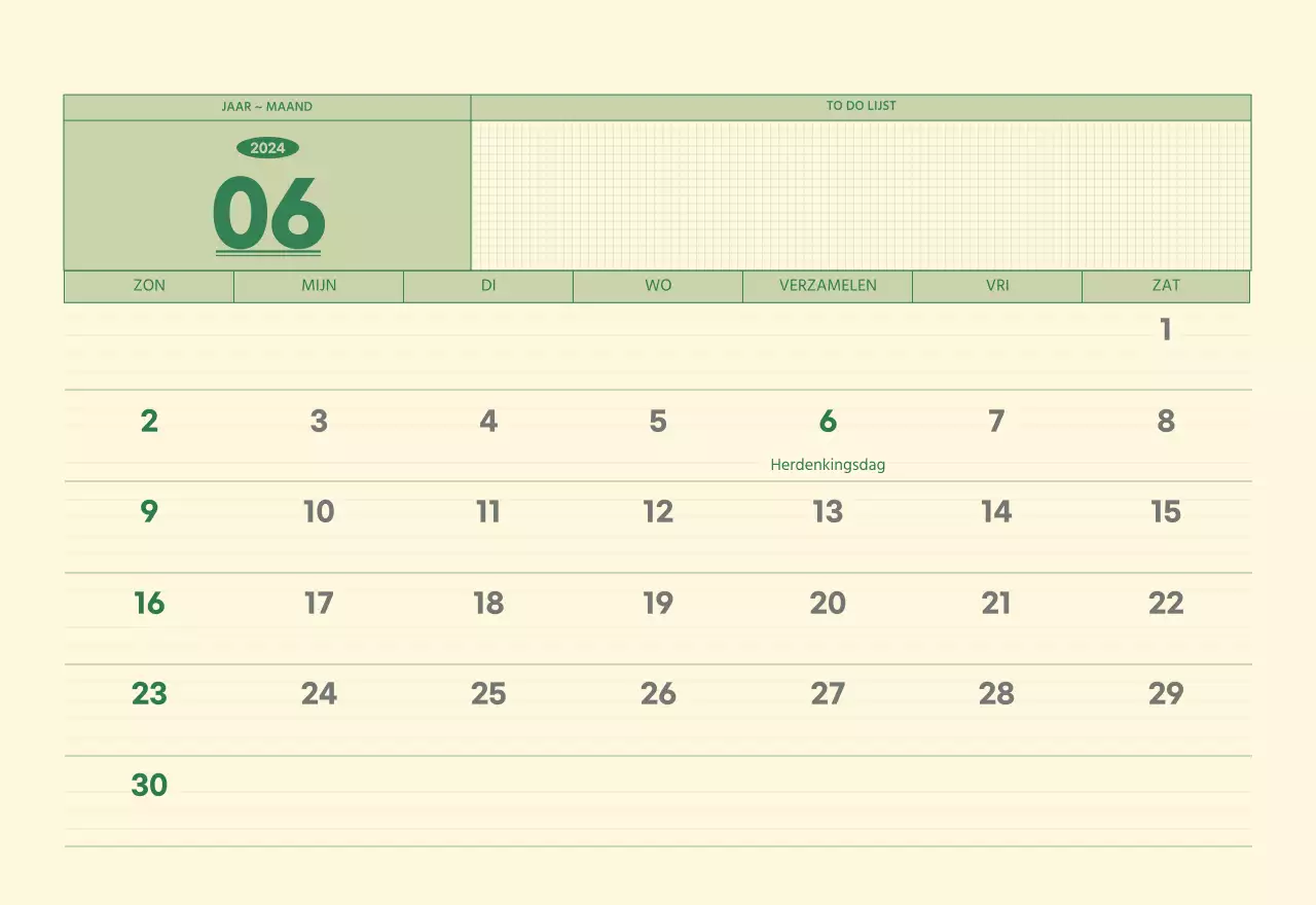 SAT D-day notitieblok concept wandkalender in groen en lichtgeel