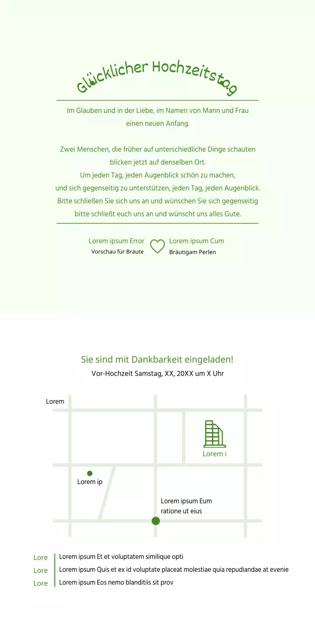 Braut und Bräutigam Hochzeitseinladung hält Hände auf einem hellgrünen Hintergrund