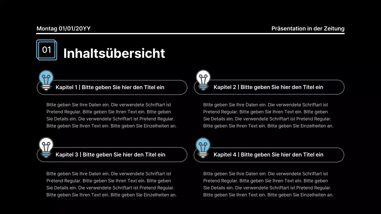 Aufmerksamkeitsstarke Präsentation mit fetten Linien in einem Zeitungskonzept auf schwarzem Hintergrund