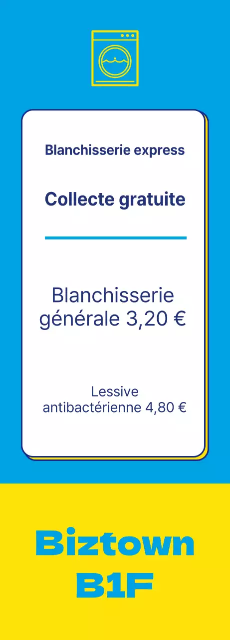 Bannière de laverie avec une icône de blanchisserie en couleur jaune sur fond bleu