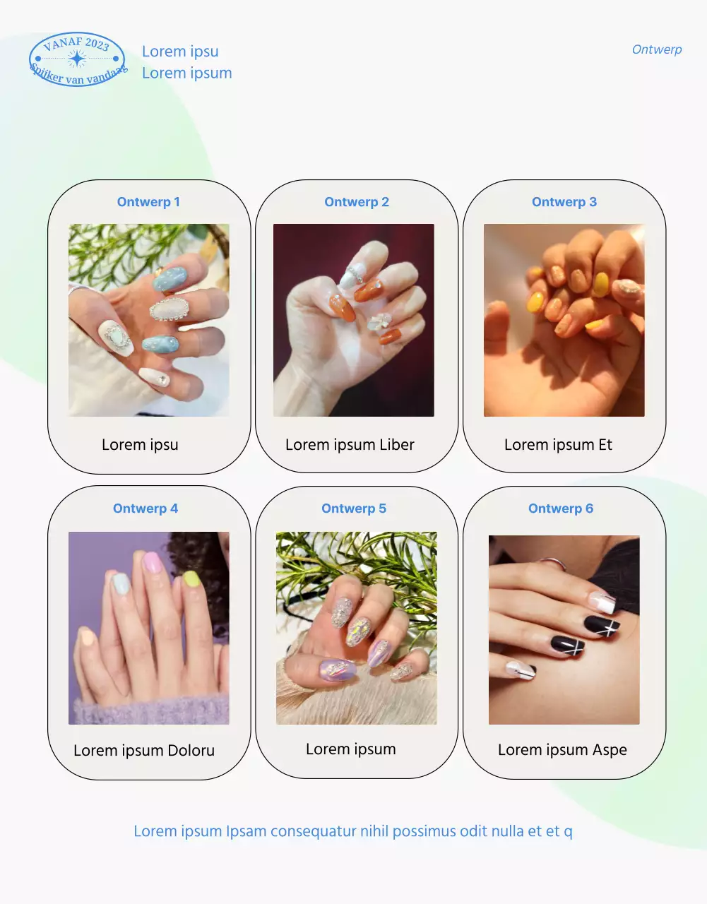 Promotiethema voor een nagelsalon met nette fotonagels in chartreuse en blauw