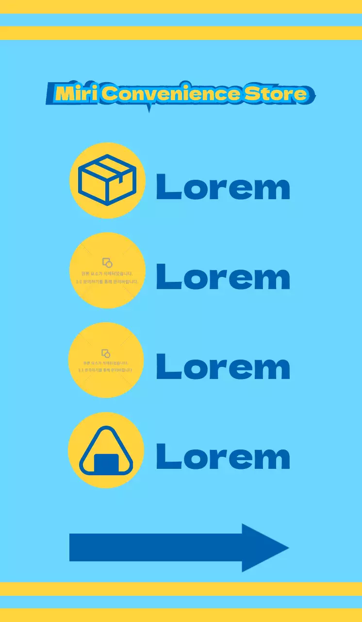 Convenience Store mit blauen und gelben Symbolen, die für verschiedene Dienstleistungen werben