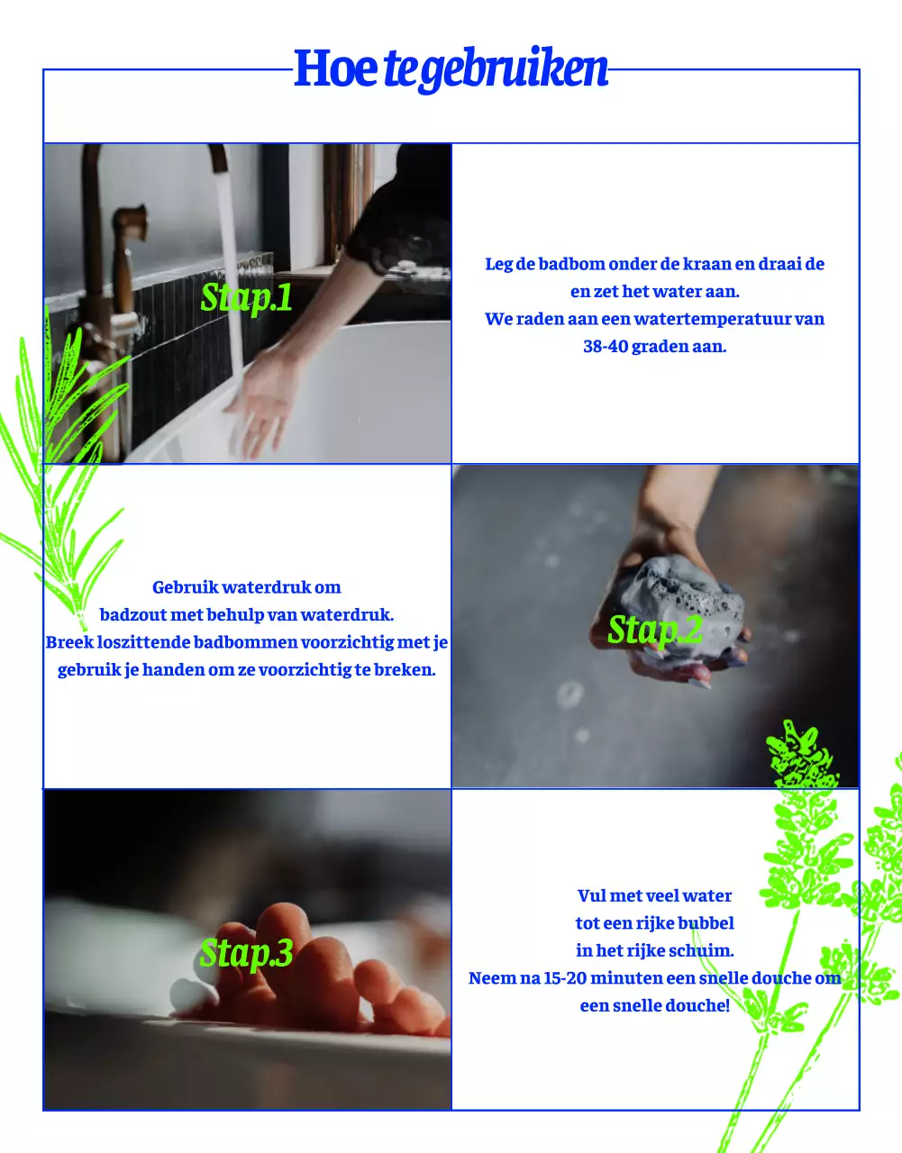 Voornatuurlijk bubbelbad met kruidenlijntekening in neongroen en blauw