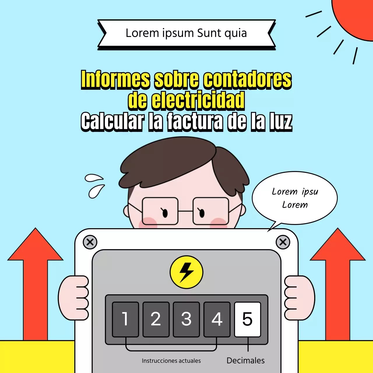 Contador eléctrico con simpáticas ilustraciones en azul claro Consejos para calcular la factura de la luz