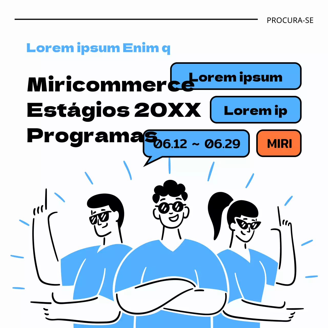 Recrutamento para estágios com ilustrações em azul claro e preto