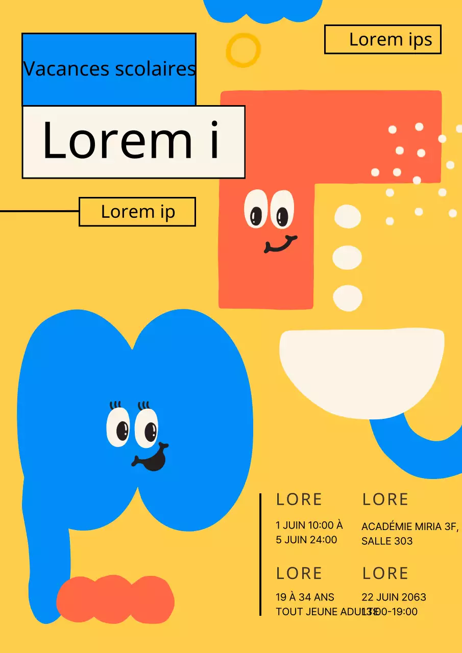 Formes amusantes sur fond jaune Points de caractère Vacances scolaires spéciales
