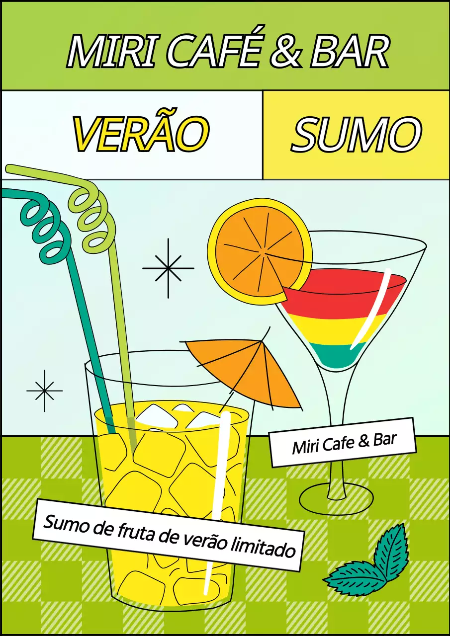 Apresentamos o sumo sazonal de verão com um conceito de ilustração divertido em tons de verde e amarelo