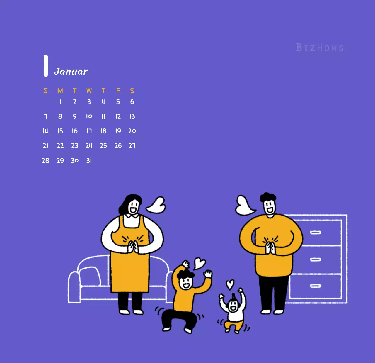 Neujahrskalender mit niedlichen Illustrationen