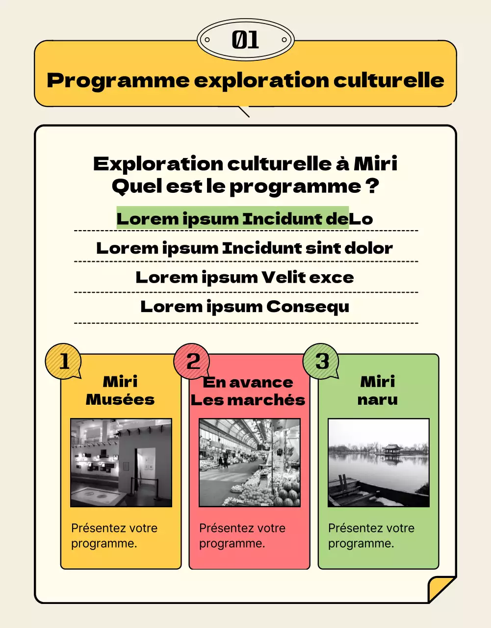 Mise en page fractionnée jaune et rose Guide de participation aux visites culturelles locales