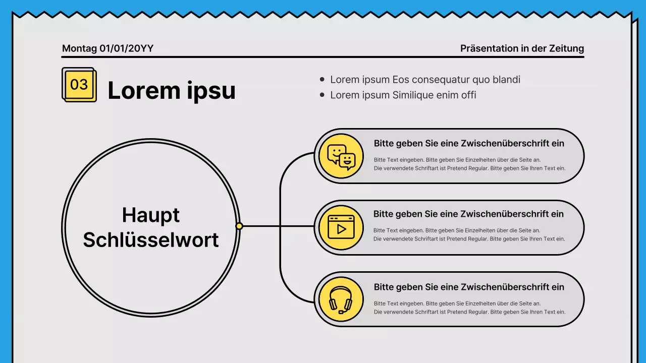 Kräftige Linien und eine aufmerksamkeitsstarke Präsentation in einem Zeitungskonzept mit gelben und hellblauen Akzentfarben