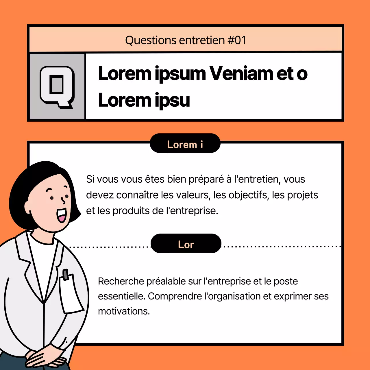 Conseils orange et noir pour des questions d'entretien anticipées et des réponses types