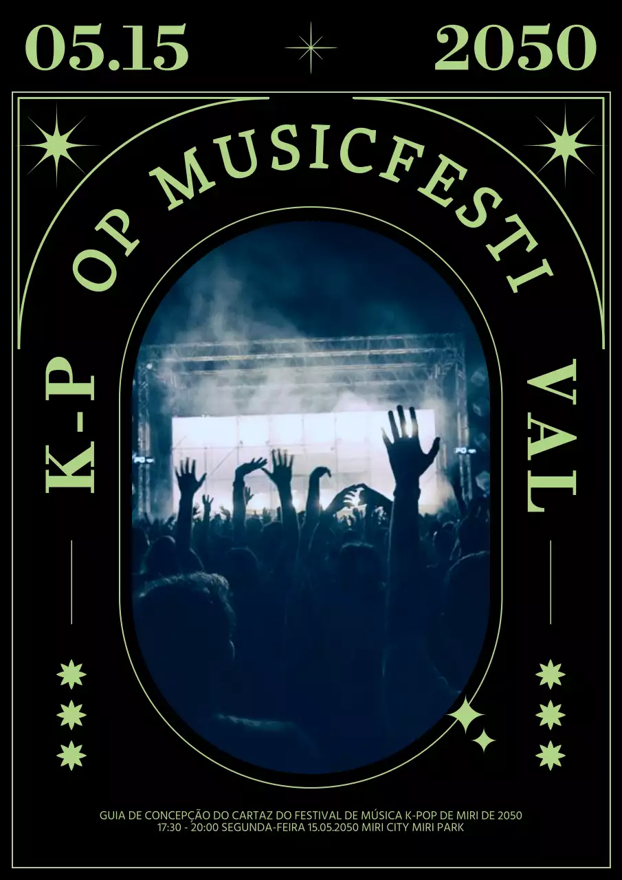 Festival de música rock com estrelas e riscas num tema preto e chartreuse