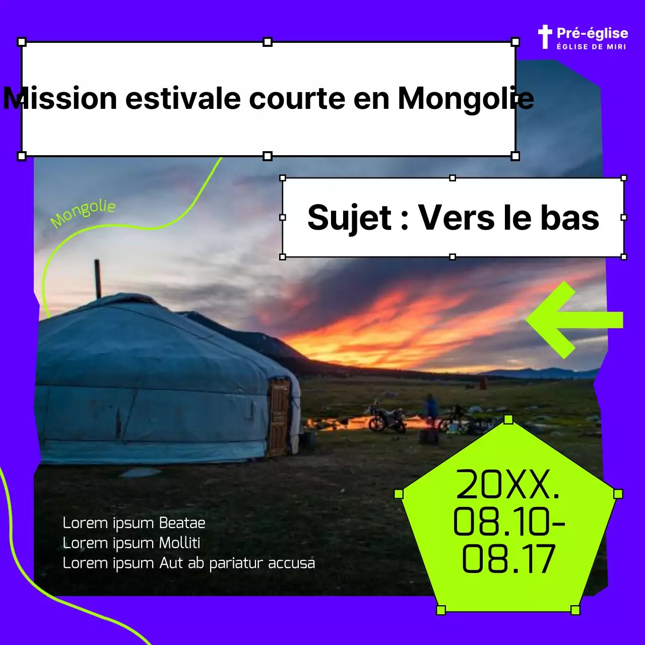 Promouvoir les missions à court terme dans un cadre bleu et chartreuse