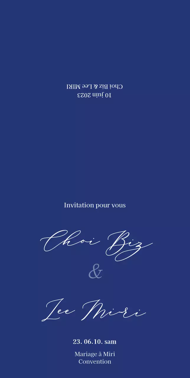 Invitation à un mariage sur fond bleu et dans un style épuré