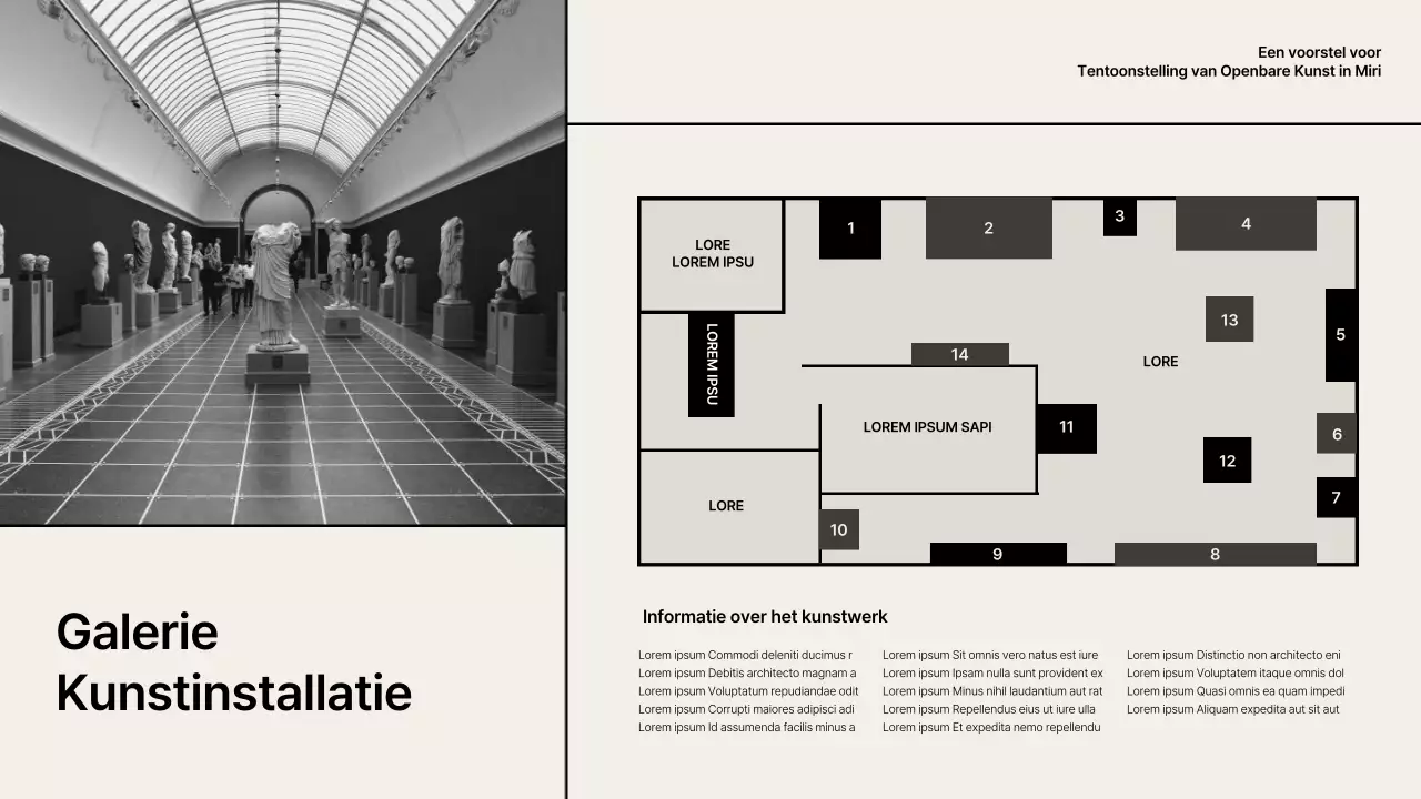 Tentoonstellingsvoorstel met beige-zwarte rasteraccenten