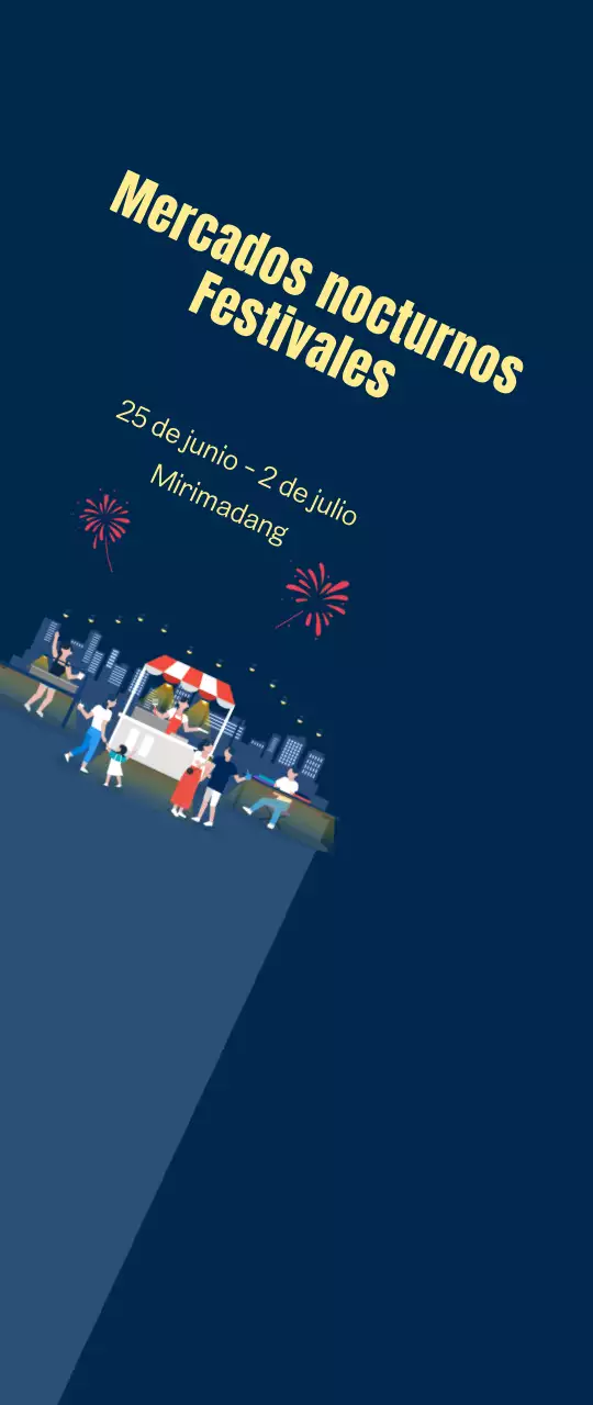 Mercado nocturno pequeño festival de promoción con fuegos artificiales sobre fondo azul marino